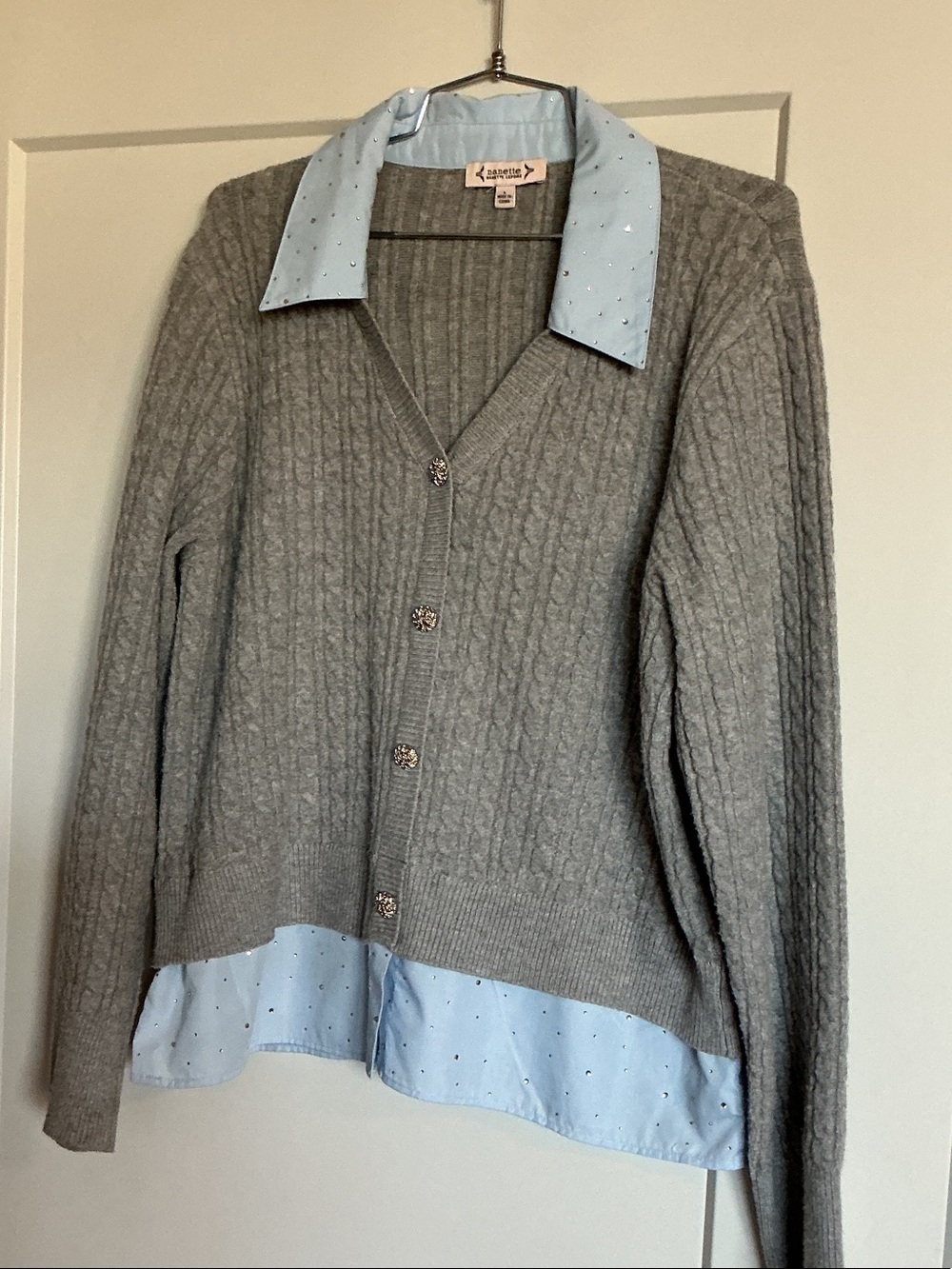 Nanette Lepore Gray Cable-Knit Cardigan with Light Blue Shirt Trim